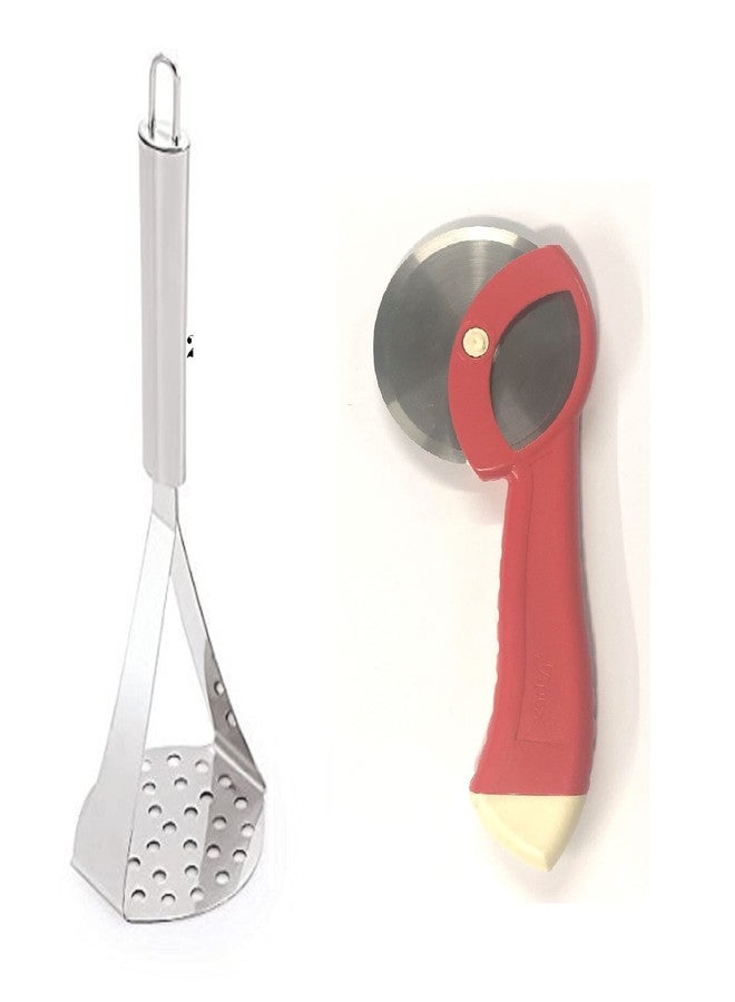 JASCO Combo of Stainless Steel Vegetable Potato Masher Pav Bhaji Masher and Stainless Steel Pizza Cutter for Kitchen (Silver) - Image 1